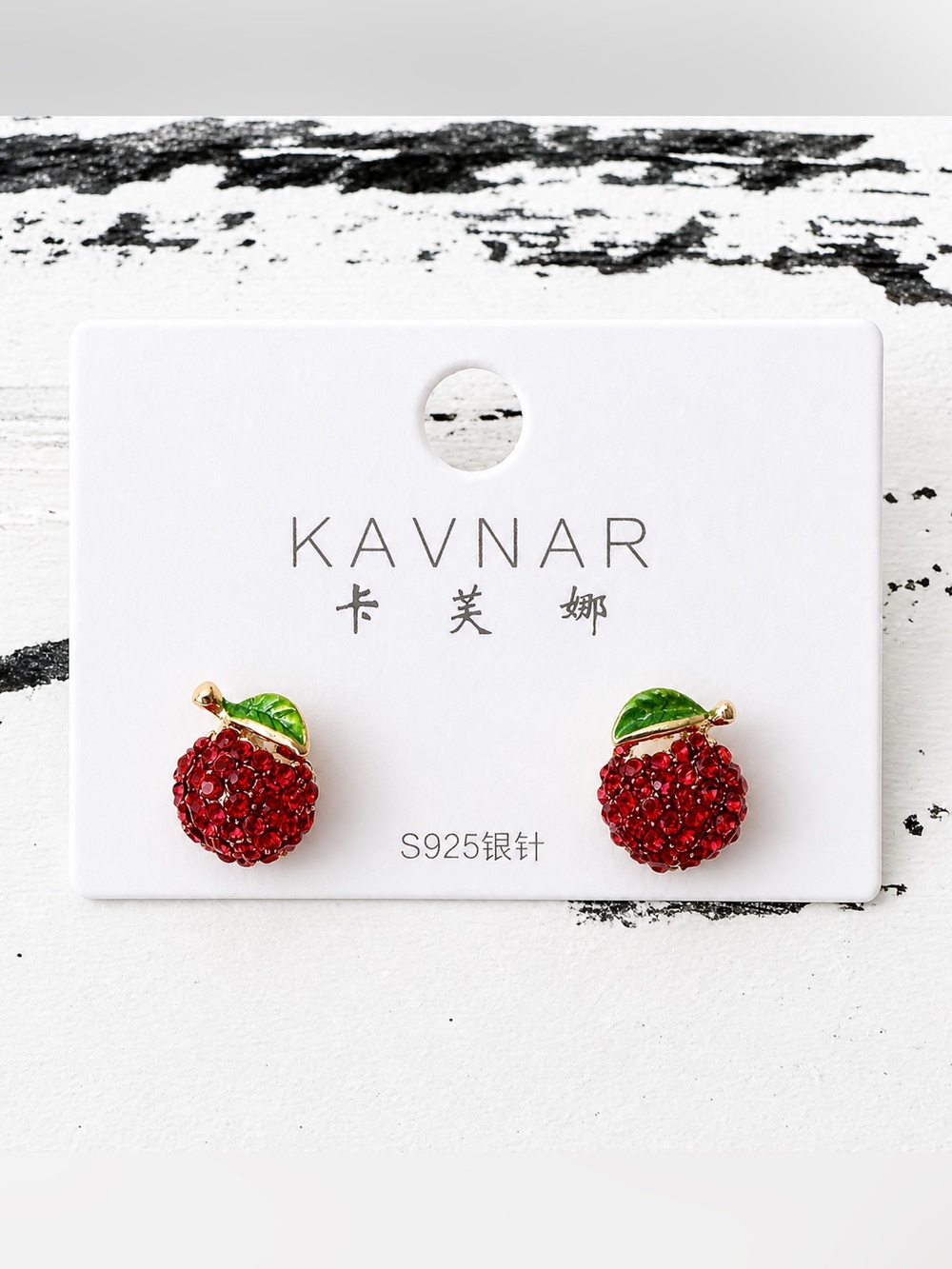 Red Crystal Apple Stud Earrings with Green Leaf Accent